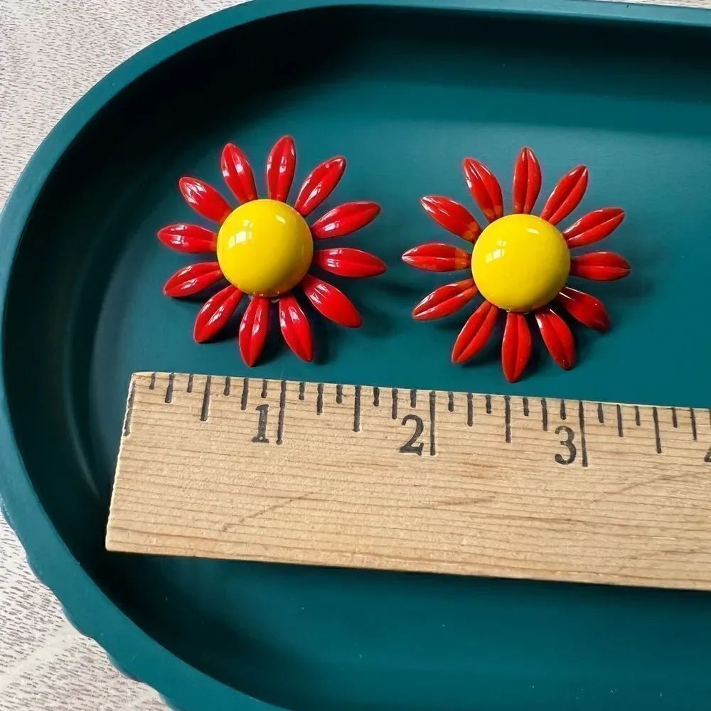 Mod Vintage 1960s Huge Bright Painted Enamel Red Yellow Daisy Earrings